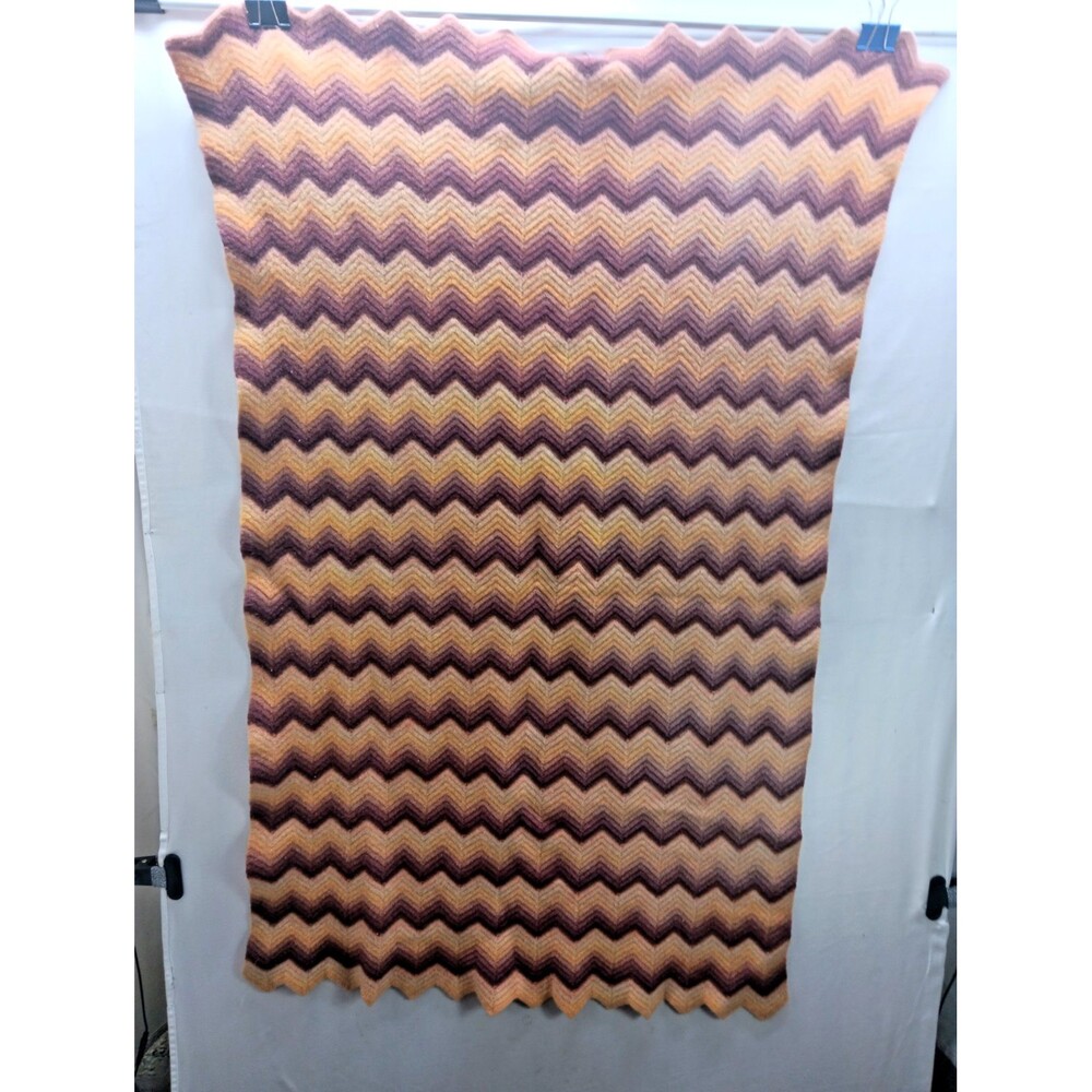 Vtg Homemade Wool Crochet Afghan Throw Chevron Pattern 34 X 55 Cottagecore